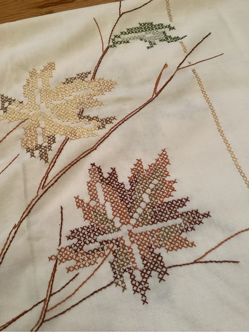 Handmade Embroidered Autumn Leaf Tablecloth - Cream with Fall Leaves 66x50
